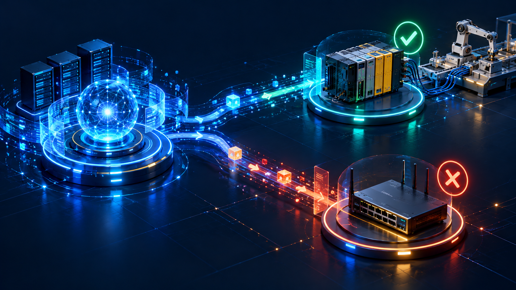 Original conceptual illustration of an AI compute system proposing actions to two enterprise devices. The industrial device accepts a request within its authority while a network device refuses an unauthorized request.