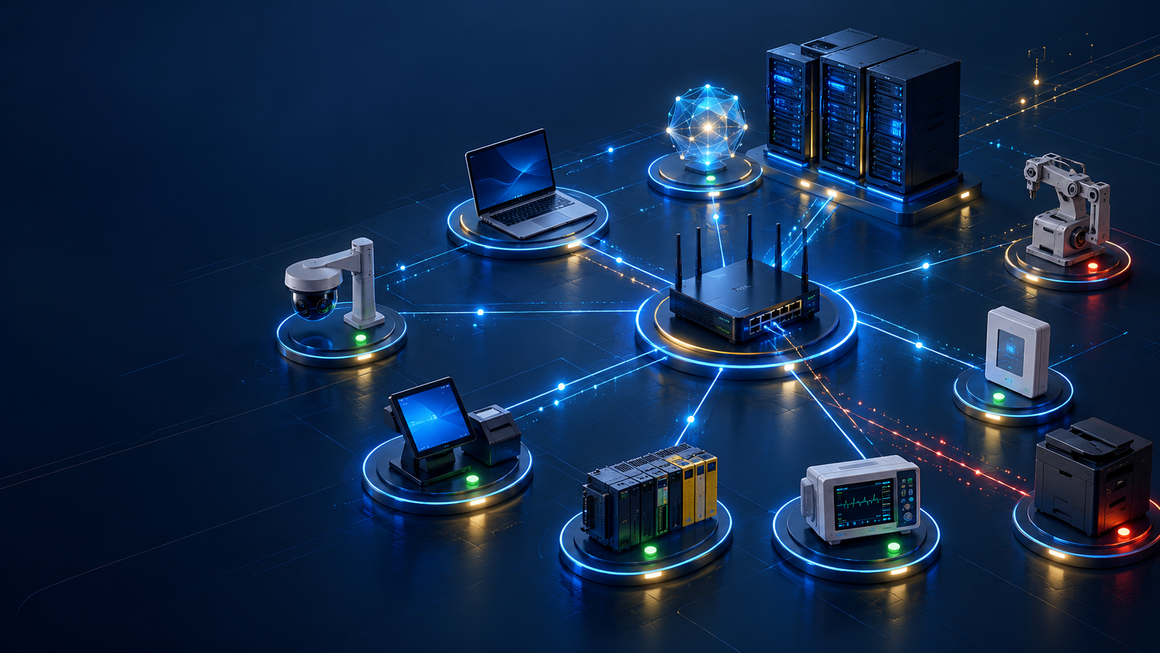 Original conceptual enterprise illustration of a network router among servers, workstations, cameras, payment equipment, industrial controllers, and building devices, each connected through its own local operating environment.