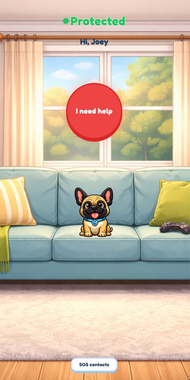 The LatSync Family app, showing a protected child device with an emergency help control