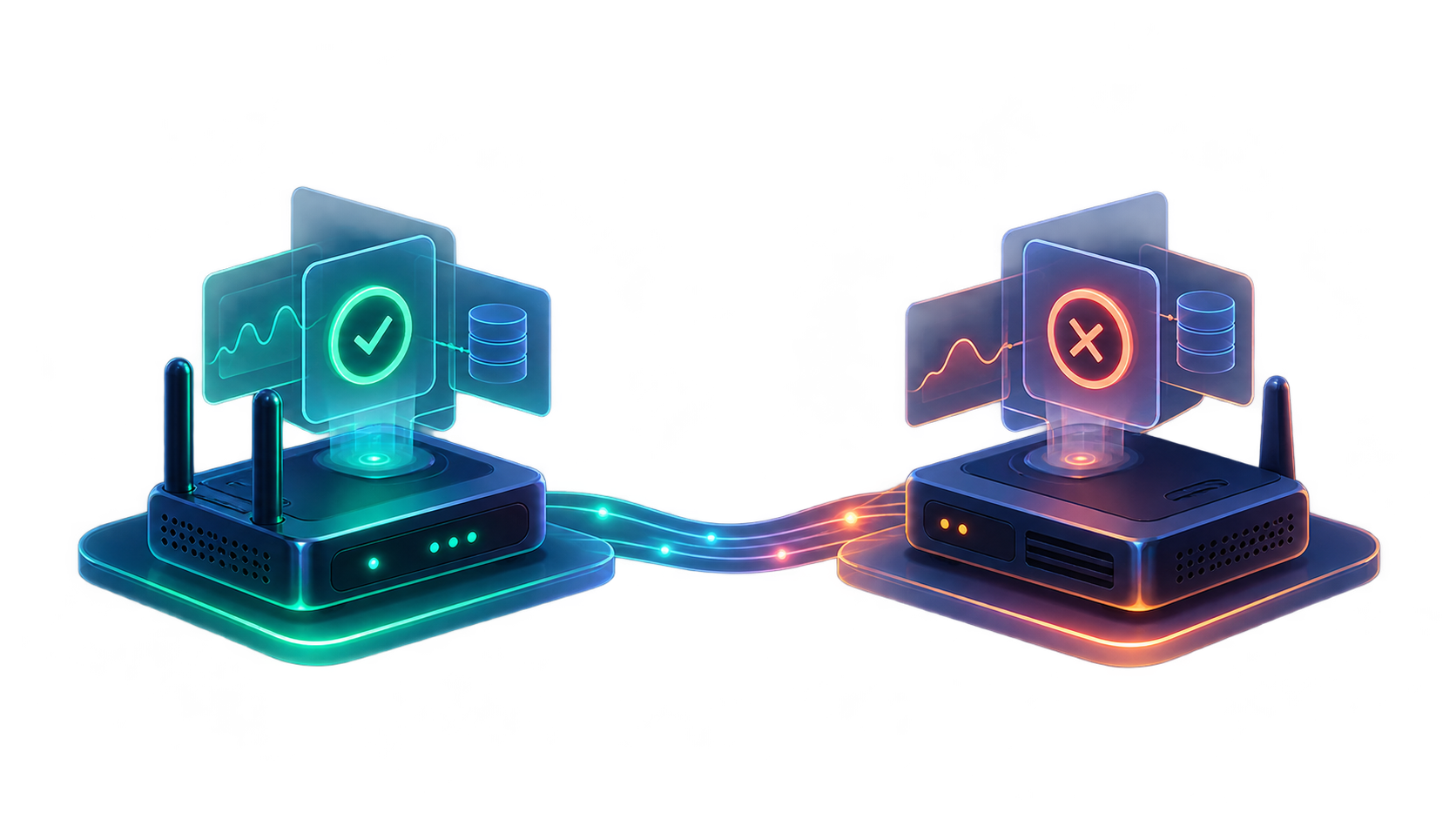 Two independently governed devices linked bilaterally; the left shows an accepted decision, the right a refused decision.